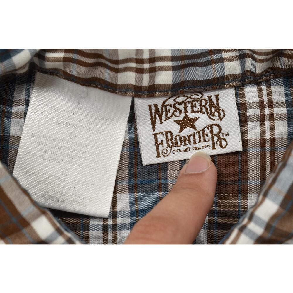 Western Frontier Men's Brown Blue Plaid Snap Button Shirt Short Sleeve Size L - Picture 7 of 8